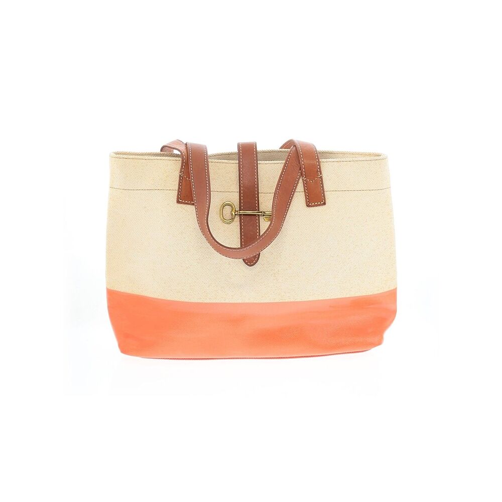 Fossil Austin Shopper Tote Canvas Leather Coral Orange Brown Key Closure